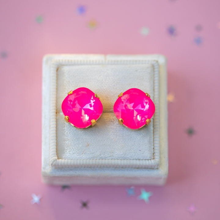 12mm Cushion Cut Earrings (Electric Pink Twinkle)