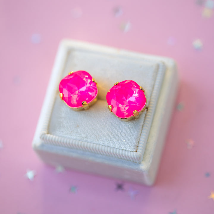 12mm Cushion Cut Earrings (Electric Pink Twinkle)