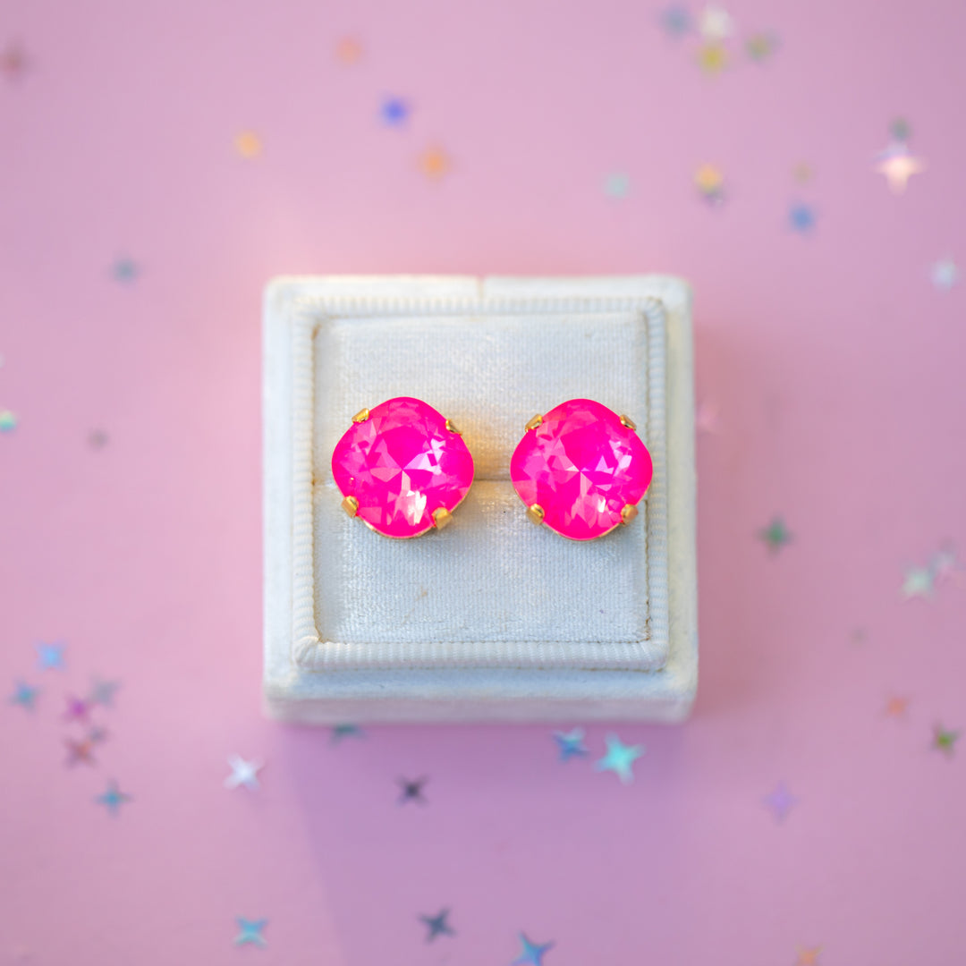 12mm Cushion Cut Earrings (Electric Pink Twinkle)