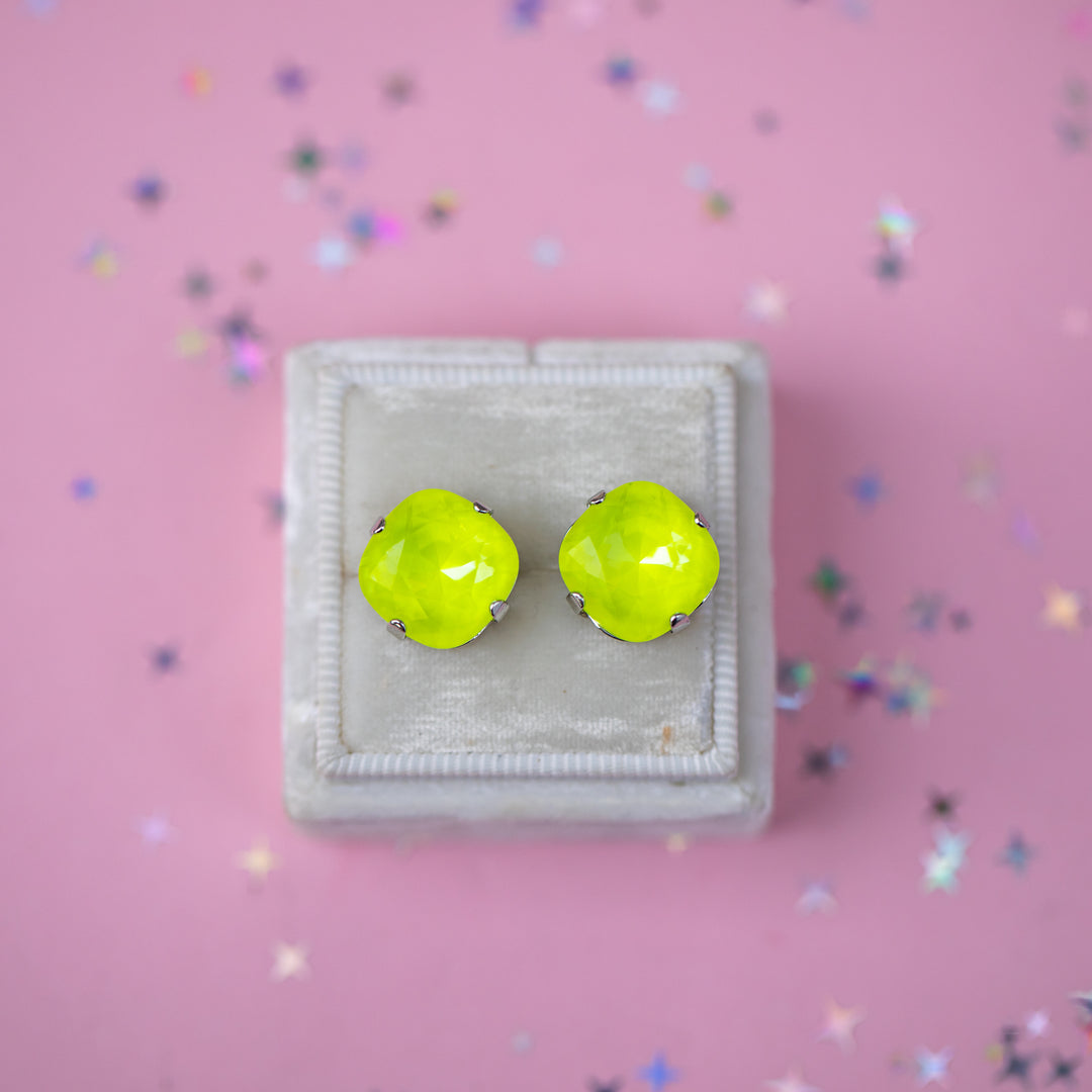 12mm Cushion Cut Earrings (Electric Yellow Twinkle)