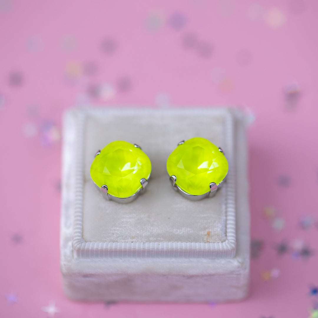 12mm Cushion Cut Earrings (Electric Yellow Twinkle)