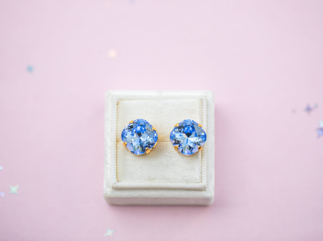 12mm Cushion Cut Stud OR Drop Earrings- Light Sapphire