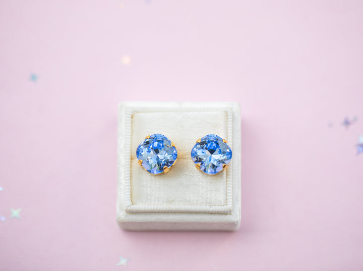 12mm Cushion Cut Stud OR Drop Earrings- Light Sapphire
