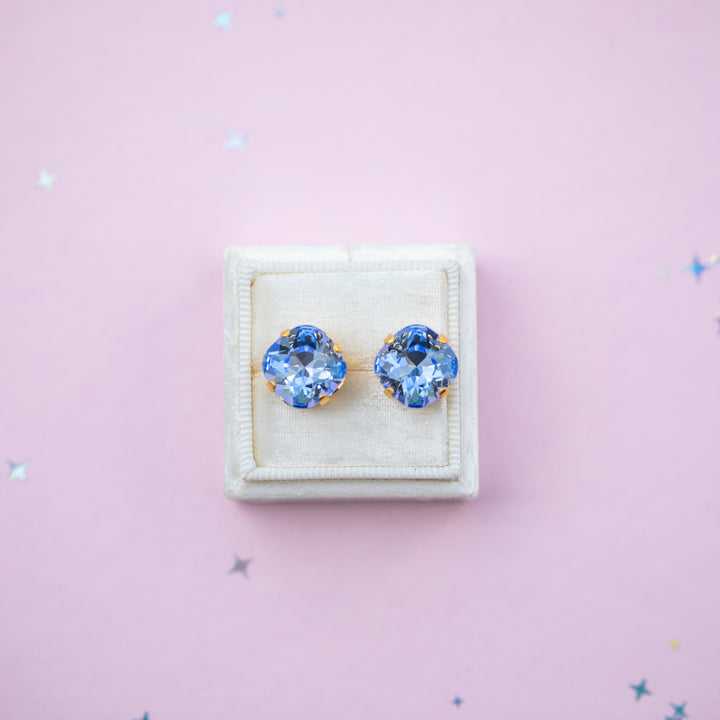 12mm Cushion Cut Stud OR Drop Earrings- Light Sapphire