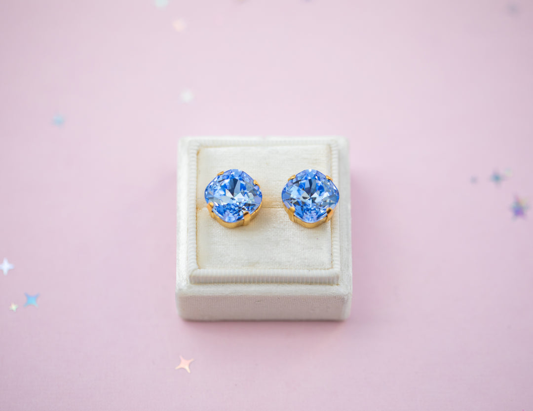 12mm Cushion Cut Stud OR Drop Earrings- Light Sapphire
