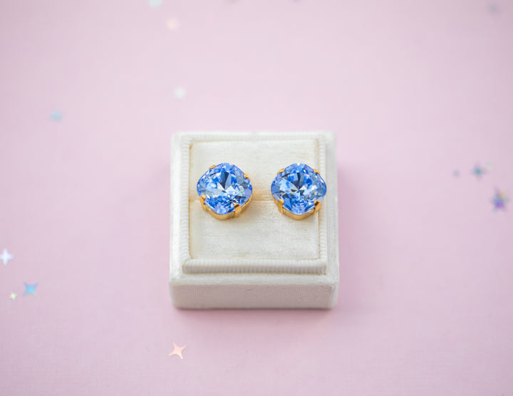 12mm Cushion Cut Stud OR Drop Earrings- Light Sapphire