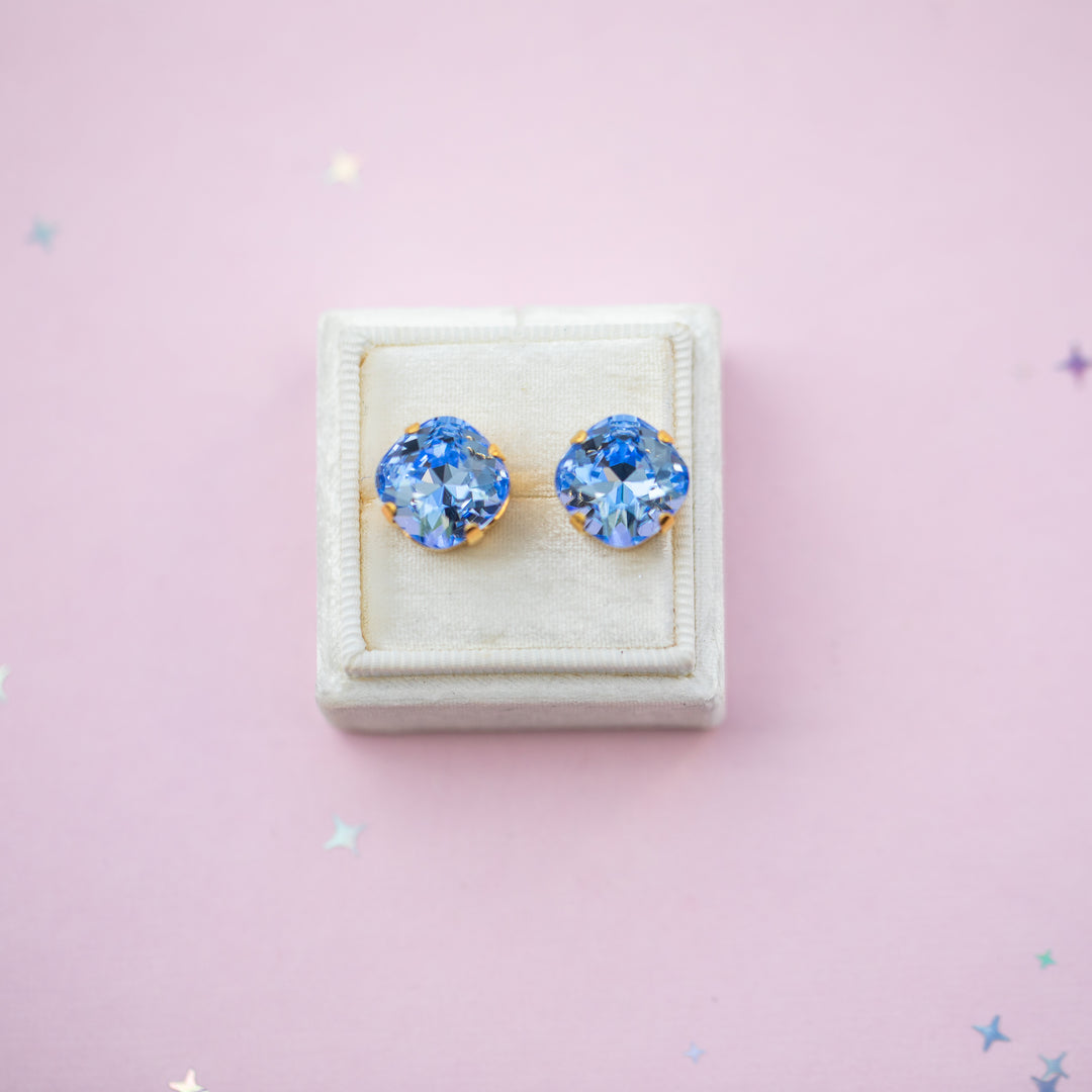 12mm Cushion Cut Stud OR Drop Earrings- Light Sapphire