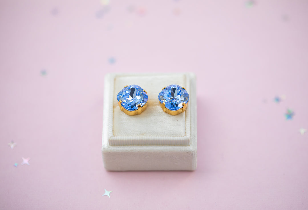 12mm Cushion Cut Stud OR Drop Earrings- Light Sapphire