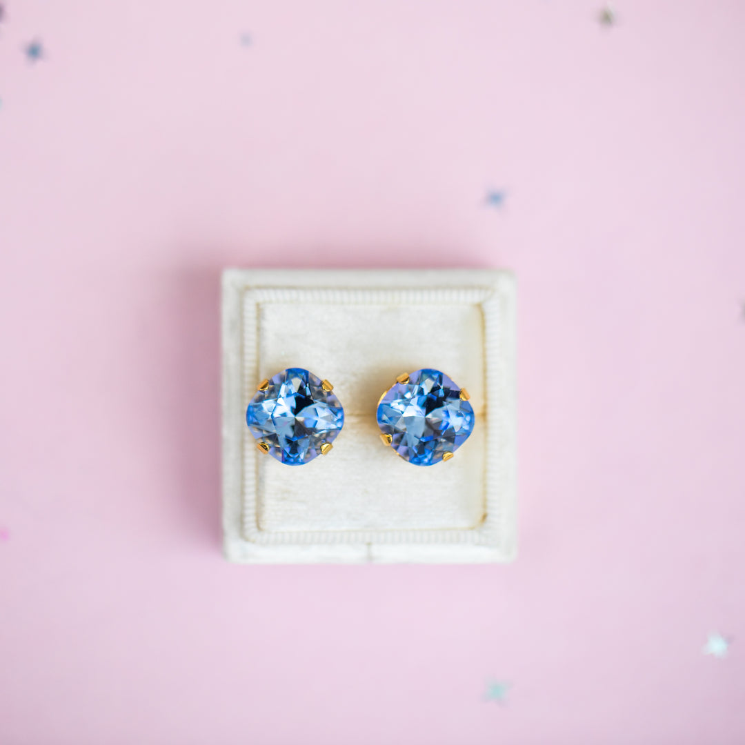 12mm Cushion Cut Stud OR Drop Earrings- Light Sapphire
