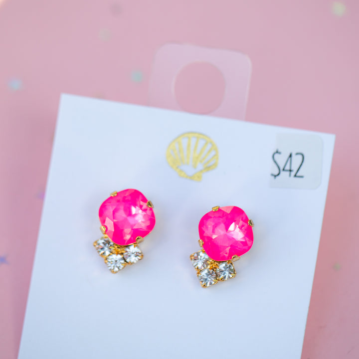 12mm Cushion Cut STUD Earrings (Electric Pink Twinkle) with 3 crystals (gold setting)