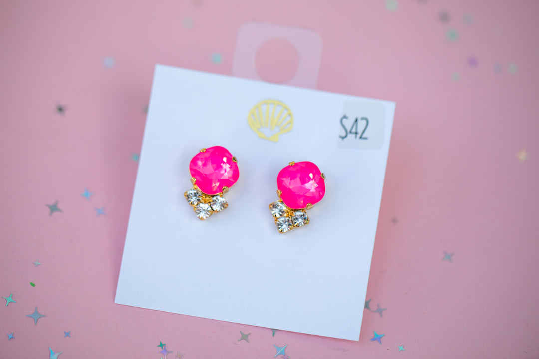 12mm Cushion Cut STUD Earrings (Electric Pink Twinkle) with 3 crystals (gold setting)