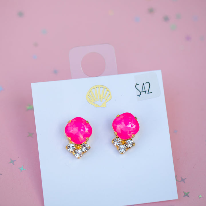 12mm Cushion Cut STUD Earrings (Electric Pink Twinkle) with 3 crystals (gold setting)