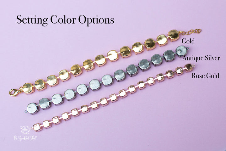 Three bracelets in gold, antique silver, and rose gold on a purple background.