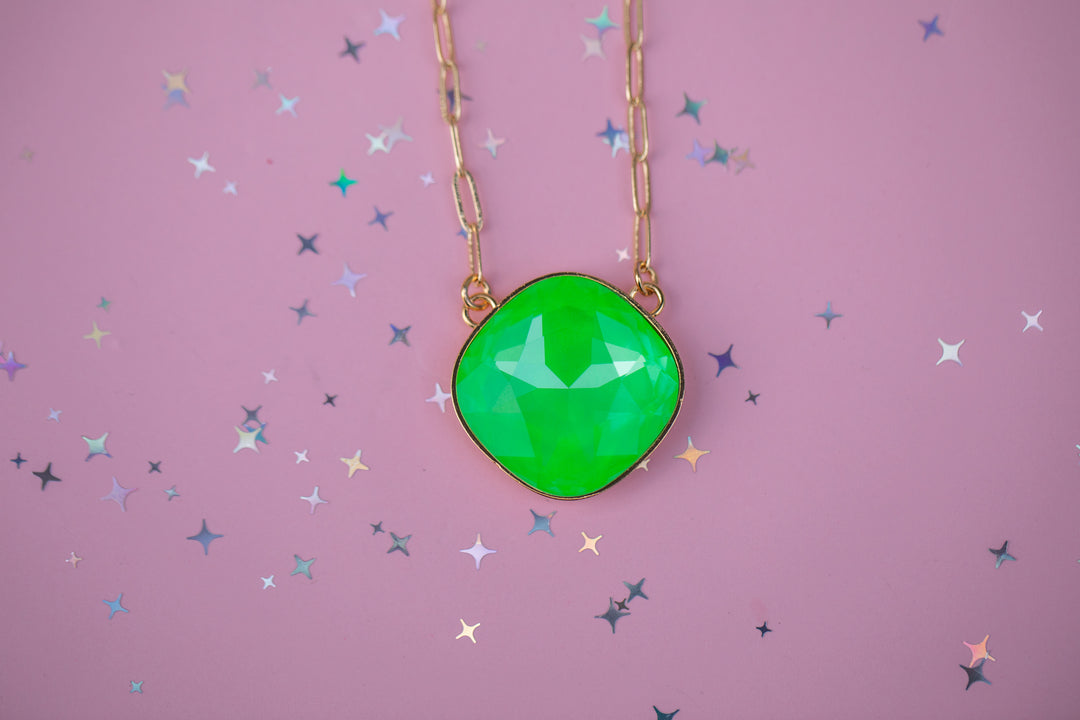 27mm Cushion Cut Paperclip chain Necklace gold setting (Electric Green Twinkle)