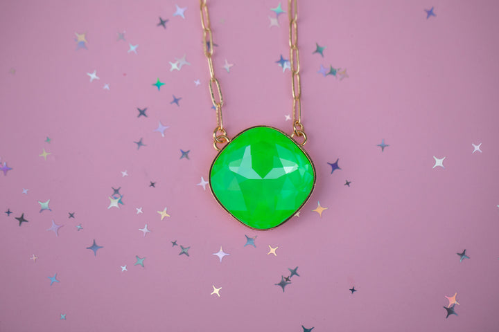 27mm Cushion Cut Paperclip chain Necklace gold setting (Electric Green Twinkle)