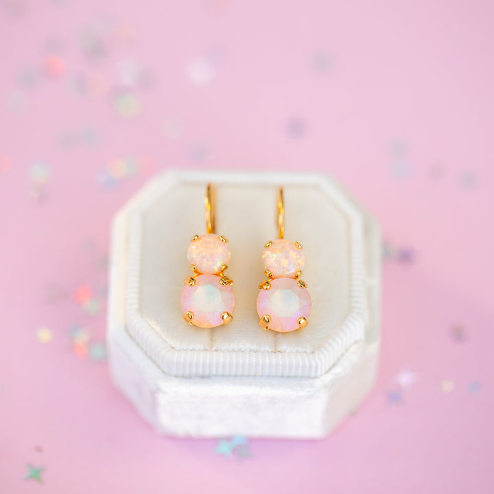 8/6mm Opal Drop Earrings: Imagination Rainbow Apricot Opal and Lt Peach Frost