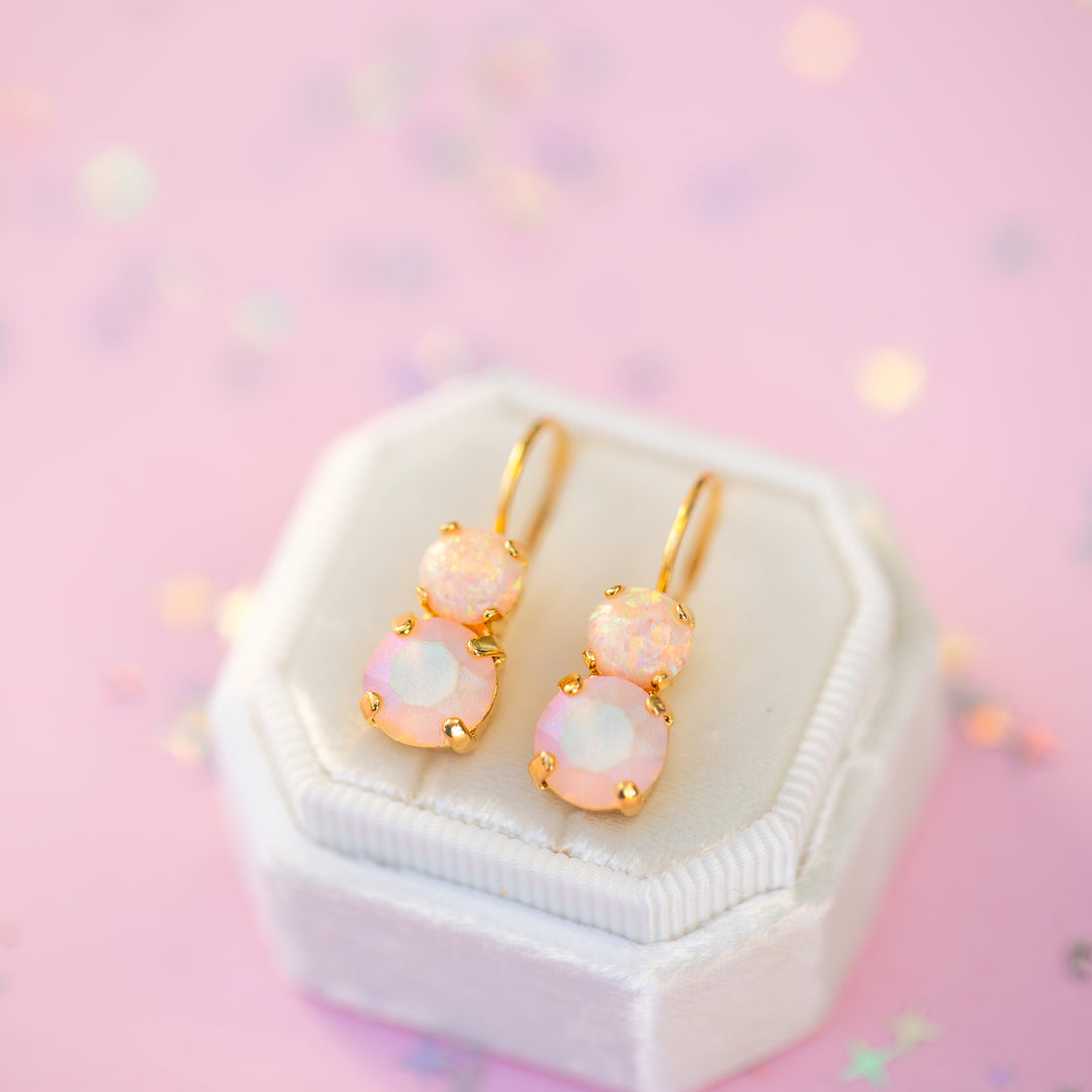 8/6mm Opal Drop Earrings: Imagination Rainbow Apricot Opal and Lt Peach Frost