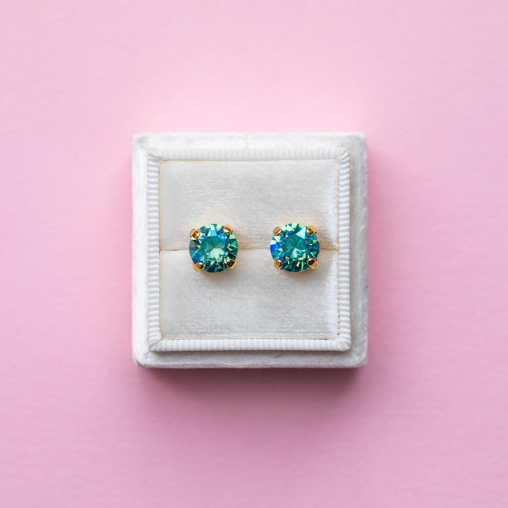 Lt Turquoise Shimmer Earrings -8mm- choose crystal color and setting color