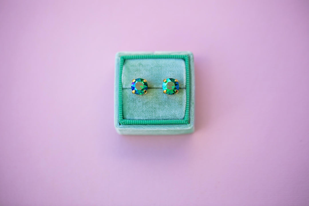 Green Stud Earrings -8mm- choose crystal color and setting color
