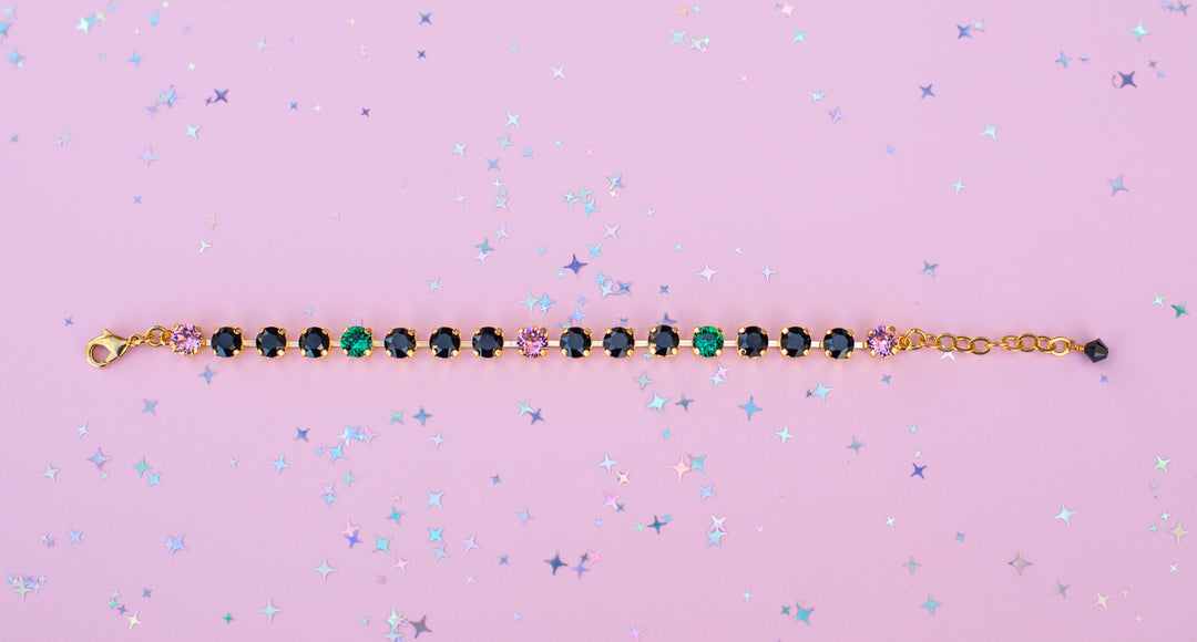 6mm Crystal Bracelet: Jet with Pink and Green