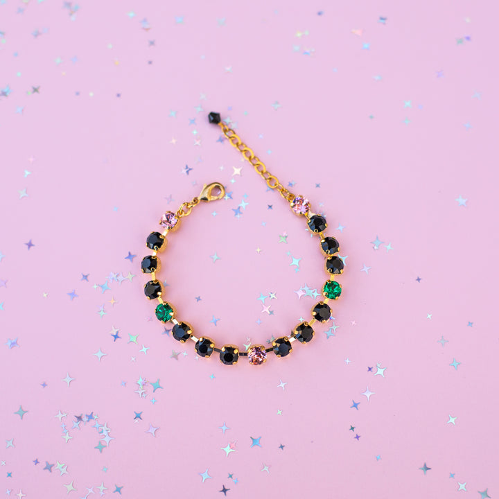 6mm Crystal Bracelet: Jet with Pink and Green