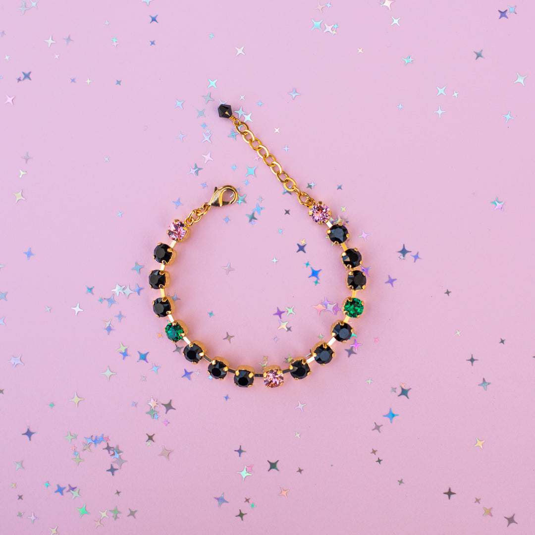 6mm Crystal Bracelet: Jet with Pink and Green