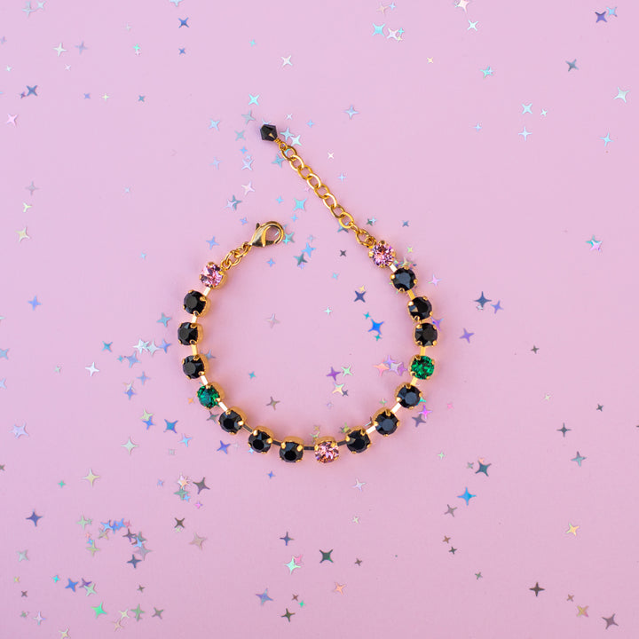 6mm Crystal Bracelet: Jet with Pink and Green