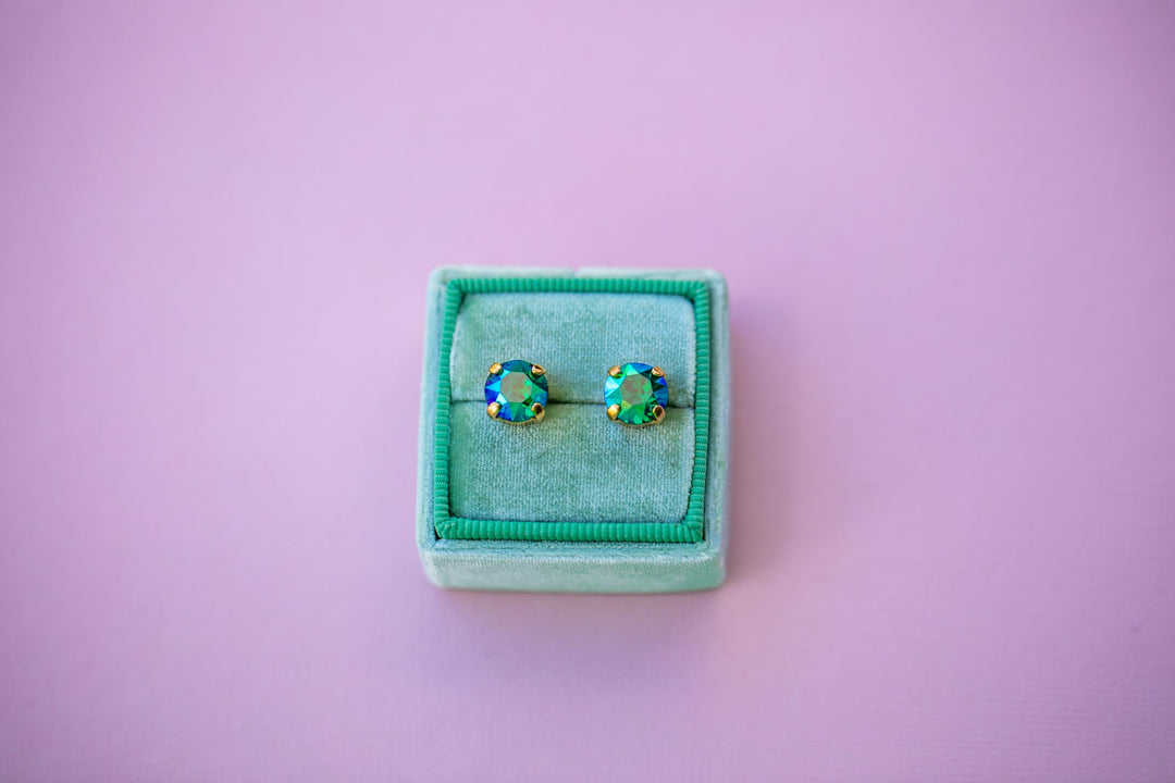 Green Stud Earrings -8mm- choose crystal color and setting color