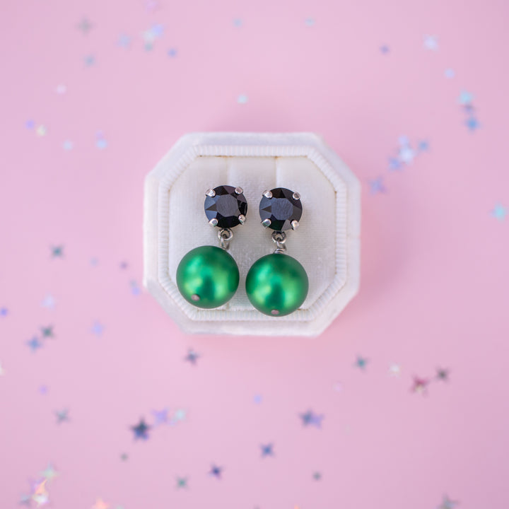 8mm Stud or Leverback Drop Earrings in Jet Black with a 12mm round Clover Pearl