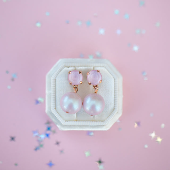 8mm Stud or Leverback Drop Earrings in Ballet Slipper Shiny with a 12mm round Dreamy Pink Pearl