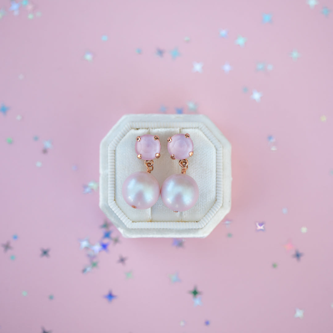 8mm Stud or Leverback Drop Earrings in Ballet Slipper Shiny with a 12mm round Dreamy Pink Pearl