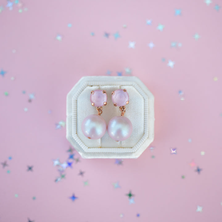 8mm Stud or Leverback Drop Earrings in Ballet Slipper Shiny with a 12mm round Dreamy Pink Pearl