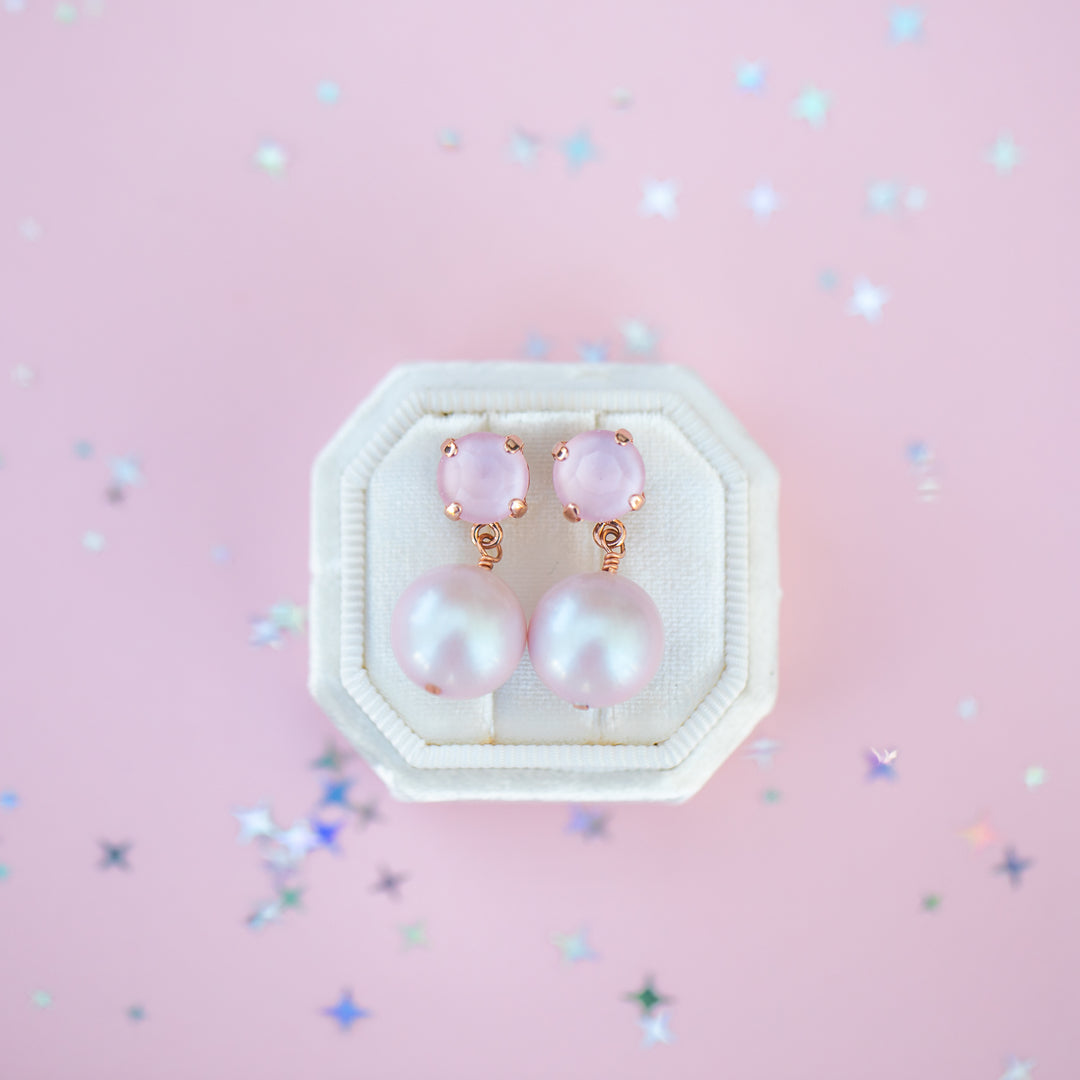 8mm Stud or Leverback Drop Earrings in Ballet Slipper Shiny with a 12mm round Dreamy Pink Pearl