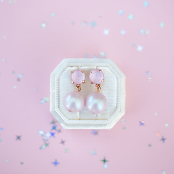 8mm Stud or Leverback Drop Earrings in Ballet Slipper Shiny with a 12mm round Dreamy Pink Pearl