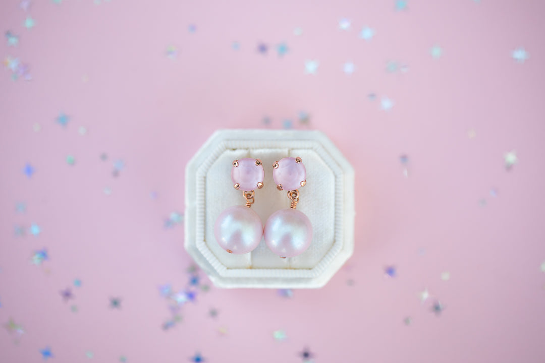 8mm Stud or Leverback Drop Earrings in Ballet Slipper Shiny with a 12mm round Dreamy Pink Pearl