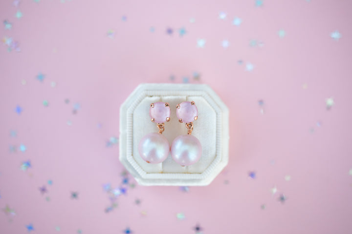 8mm Stud or Leverback Drop Earrings in Ballet Slipper Shiny with a 12mm round Dreamy Pink Pearl