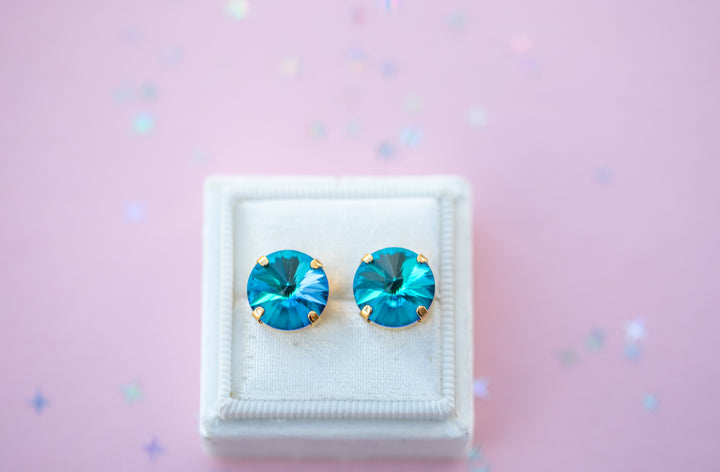 12mm Rivoli Stud OR Drop Earrings- Atlantic Blue