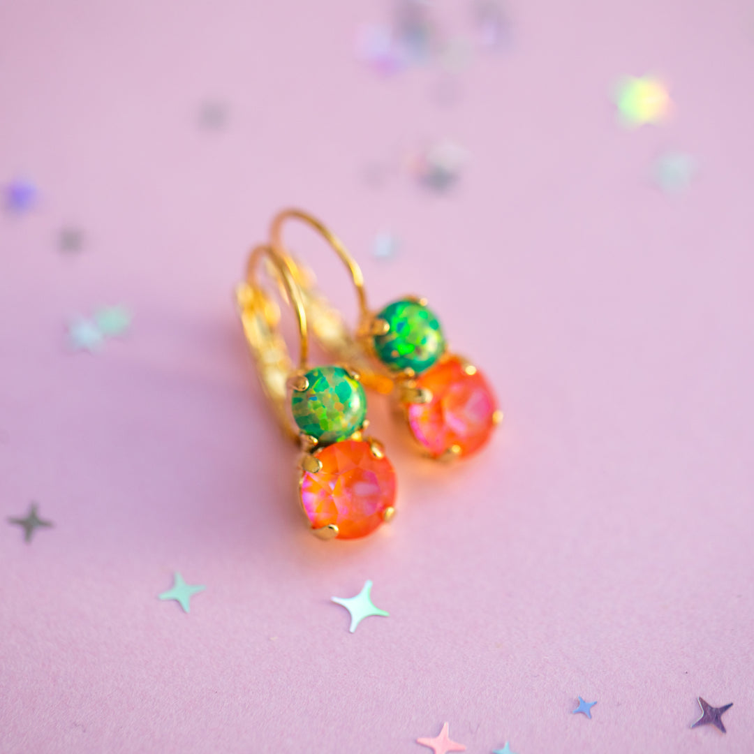 8/6mm Opal Drop Earrings: Cute Orange Bird - Jungle Opal and Orange Glow Delite