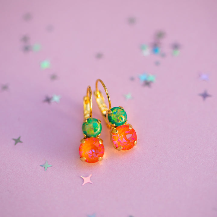 8/6mm Opal Drop Earrings: Cute Orange Bird - Jungle Opal and Orange Glow Delite