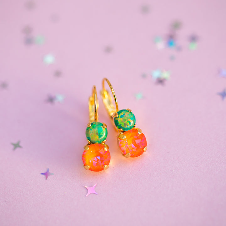 8/6mm Opal Drop Earrings: Cute Orange Bird - Jungle Opal and Orange Glow Delite