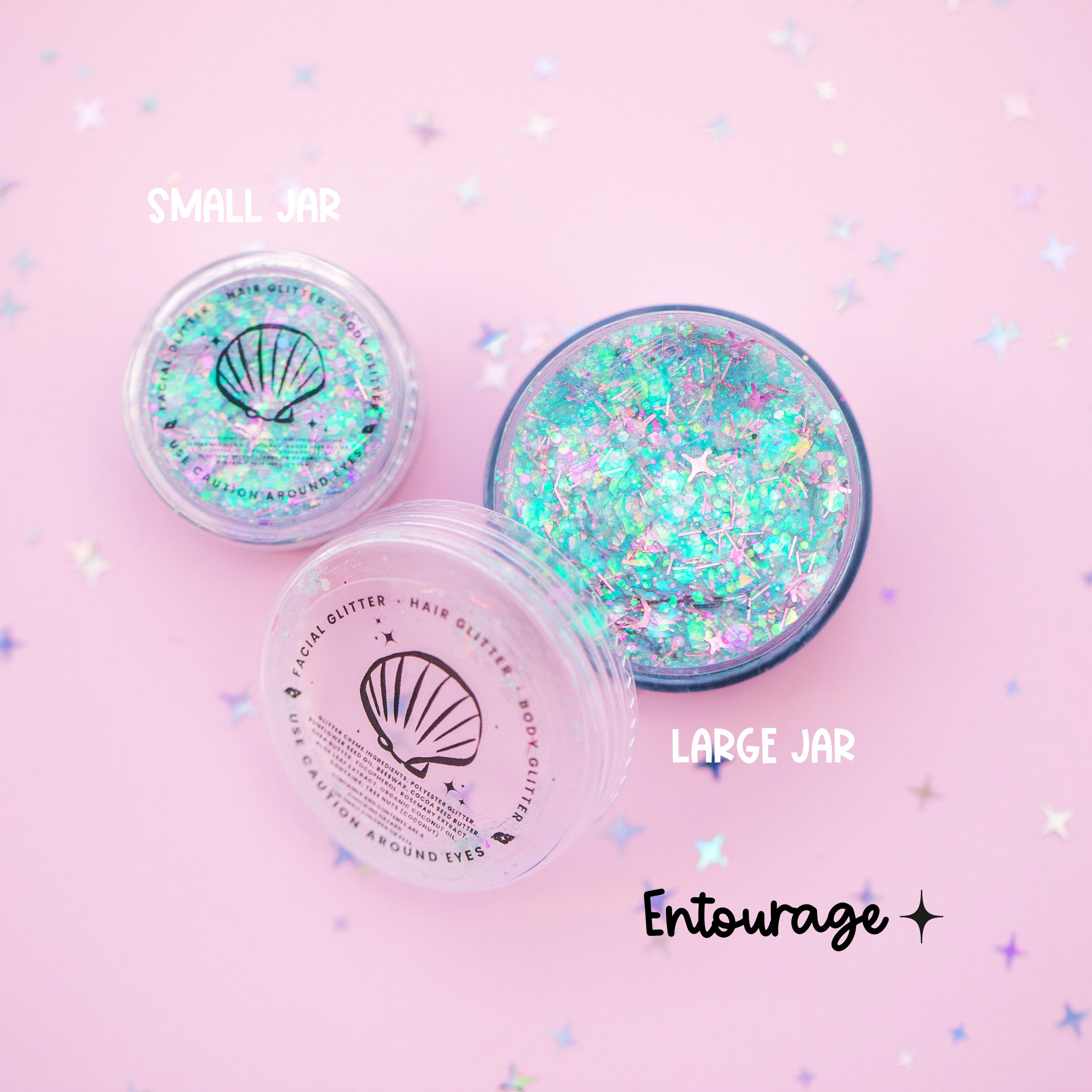 Two jars of glitter with 'Small Jar' and 'Large Jar' labels on a pink background.