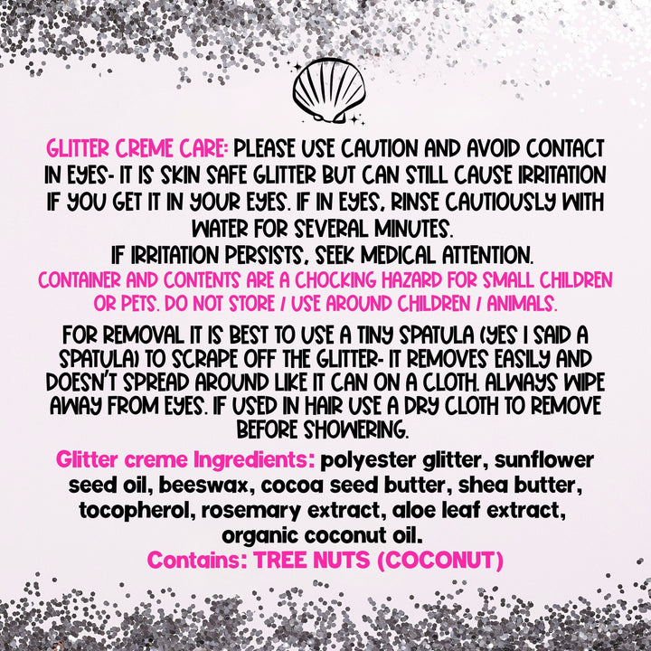 Instructions and ingredients for glitter creme care with a shell logo on a white background.