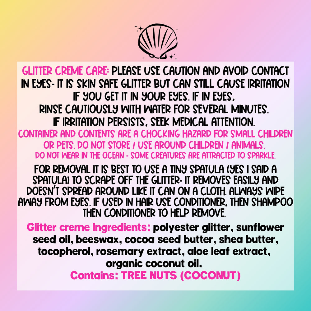 Glitter creme care instructions with a colorful gradient background