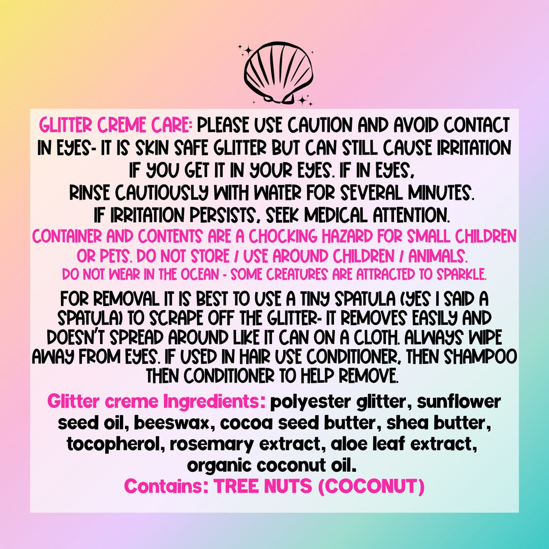Glitter creme care instructions with a colorful gradient background