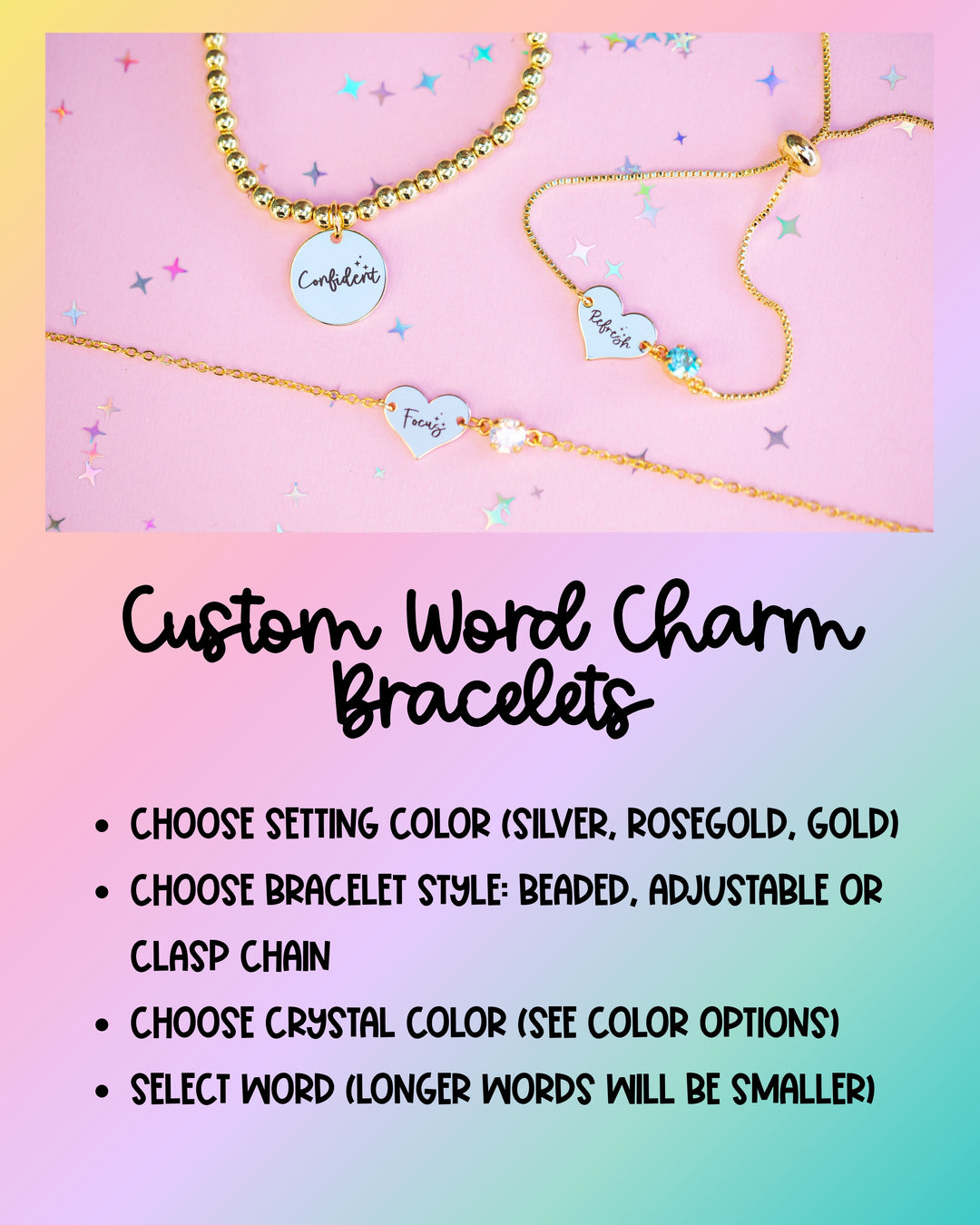 CUSTOM Charm Adjustable Word Bracelet with choice of crystal color and word