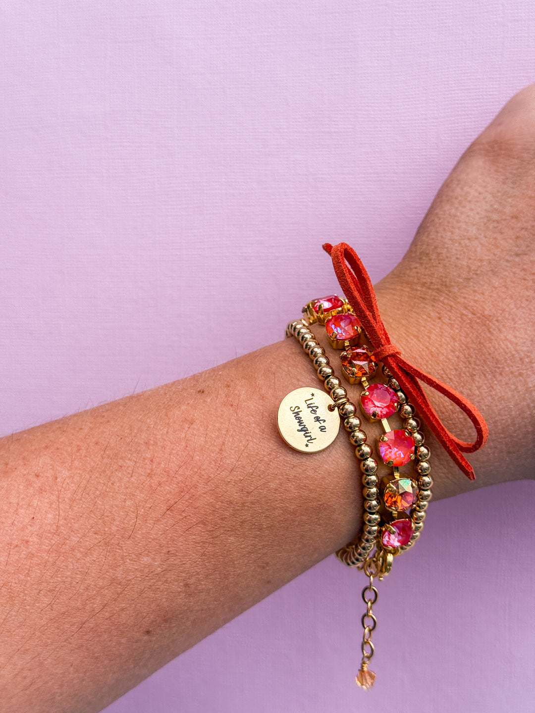 Round Charm Stretch Beaded Bracelet - Choose setting Color (Life of a Showgirl)