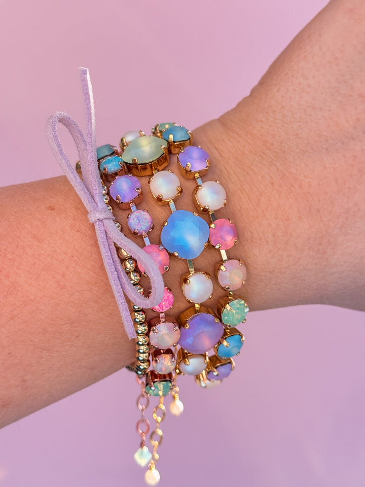 12/8mm Cushion Cut Crystal Bracelet: Imagination Rainbow with Pearls