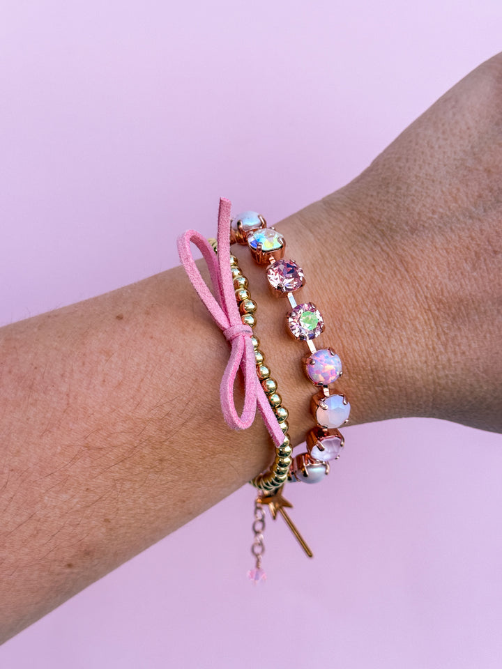 Suede Bow Stretch Beaded Bracelet - Choose setting Color (Pink Goes Good with Green)