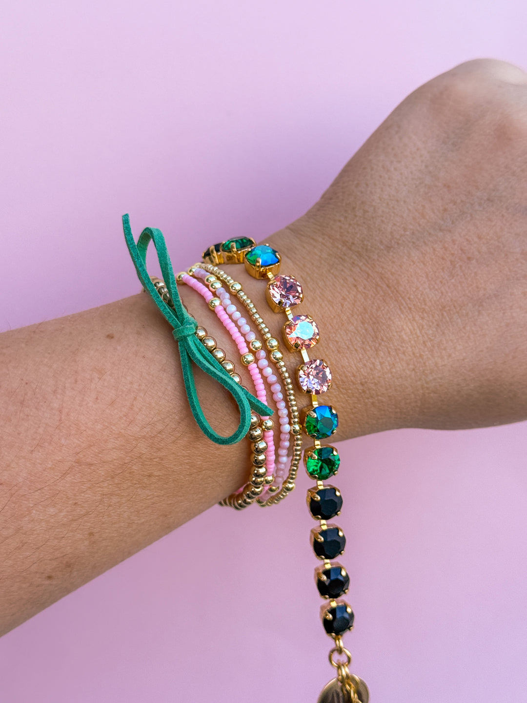 Suede Bow Stretch Beaded Bracelet - Choose setting Color (Pink Goes Good with Green)