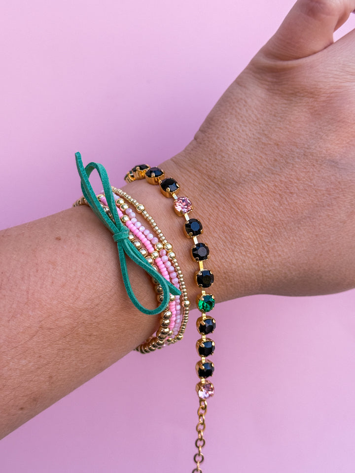 6mm Crystal Bracelet: Jet with Pink and Green